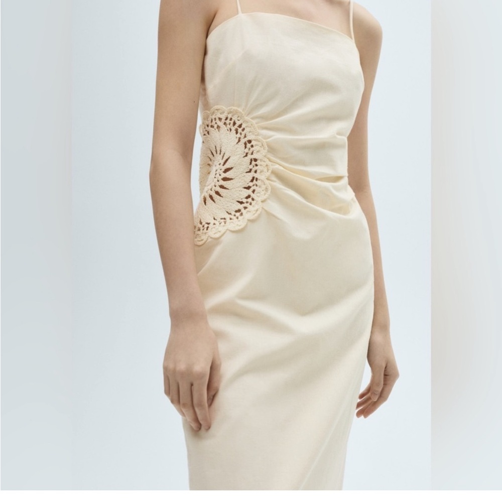 Mango Linen and Cotton Cream Midi Dress with Crochet Detail